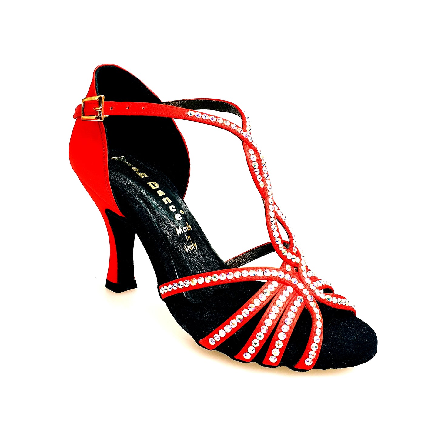 Scarpa da donna Infinity (BI-Flex) in raso seta rosso con Swarovski parziali e suola extraflex per competizione, vista frontale.