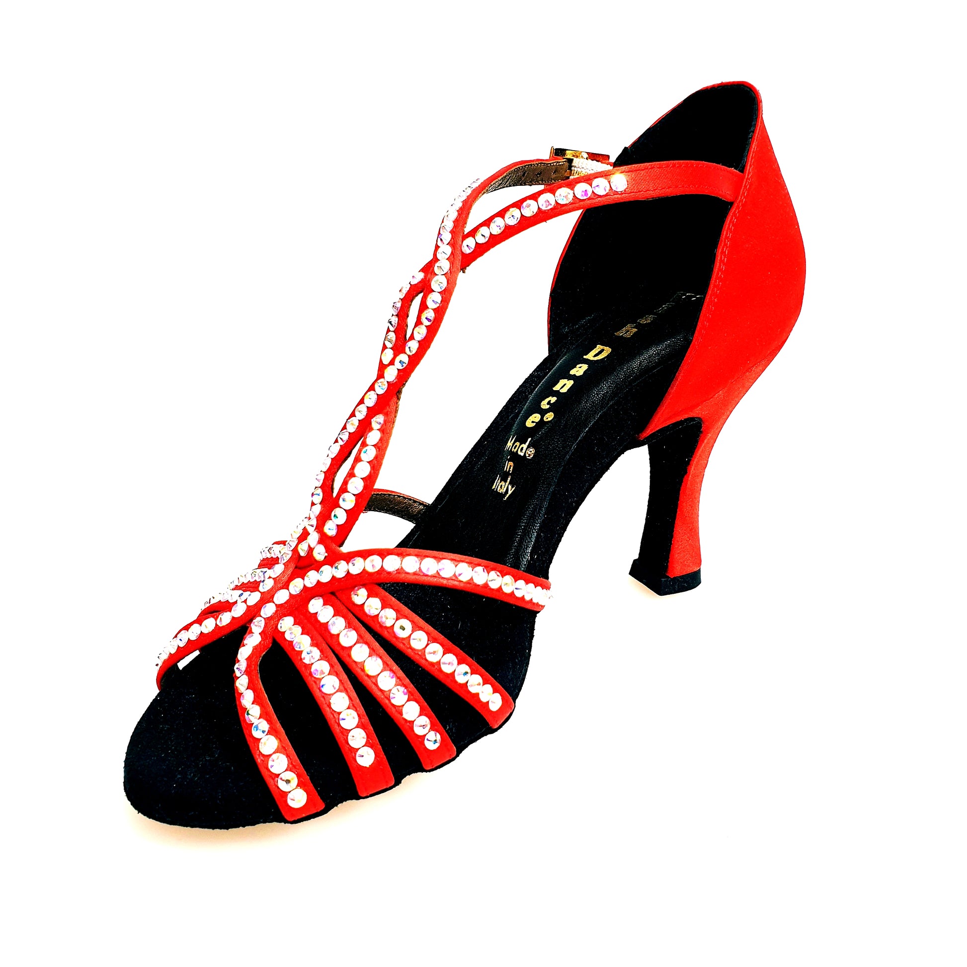 Scarpa da donna Infinity BI-Flex in raso seta rosso con Swarovski parziali e fondo extraflex per competizioni di danza.