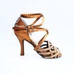 Carica immagine nella Galleria, Onda QD Plus (BI-Flex) - Scarpa da Donna in Raso Seta Bronzo Doppio Cinturino incrociato sulla Caviglia e sul Collopiede con Swarovski Boreali Totale disegno Fantasy Fondo Extraflex Competition
