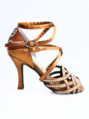 Carica immagine nella Galleria, Onda QD Plus (BI-Flex) - Scarpa da Donna in Raso Seta Bronzo Doppio Cinturino incrociato sulla Caviglia e sul Collopiede con Swarovski Boreali Totale disegno Fantasy Fondo Extraflex Competition
