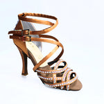 Carica immagine nella Galleria, Onda QD Plus (BI-Flex) - Scarpa da Donna in Raso Seta Bronzo Doppio Cinturino incrociato sulla Caviglia e sul Collopiede con Swarovski Boreali Totale disegno Fantasy Fondo Extraflex Competition
