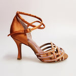 Load image into Gallery viewer, Onda QB (BI-Flex) - Women&#39;s Shoe Satin Silk Bronze Double Crossed Ankle Strap Swarovski Boreal Partial only forward Extraflex Competition Bottom Square Stiletto Heel
