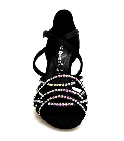 Scarpa da donna Wish Dance Shop Onda QC Marylu in raso di seta nero con cinturino incrociato, tacco a rocchetto e dettagli Swarovski.