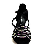 Carica immagine nella Galleria, Onda QC (BI-Flex) MARYLU - Scarpa da Donna in Raso Seta Nero Cinturino Incrociato sul Collo Piede Swarovski Boreali Parziale solo avanti Fondo Extraflex Competition Tacco a Rocchetto
