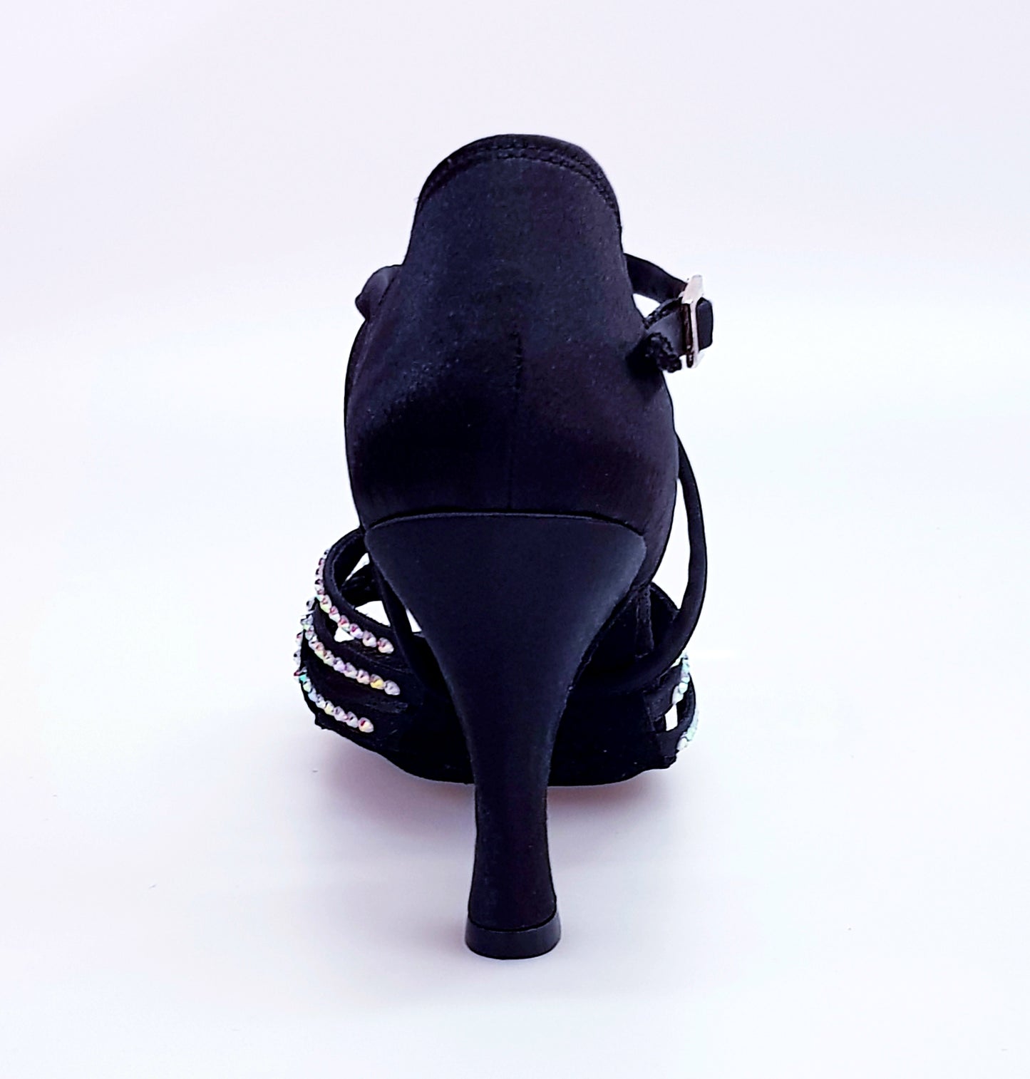 Scarpa da donna Wish Dance Shop Onda QC (BI-Flex) Marylu in raso seta nero con cinturino incrociato e tacco a rocchetto, dettagli Swarovski.