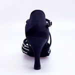 Carica immagine nella Galleria, Onda QC (BI-Flex) MARYLU - Scarpa da Donna in Raso Seta Nero Cinturino Incrociato sul Collo Piede Swarovski Boreali Parziale solo avanti Fondo Extraflex Competition Tacco a Rocchetto
