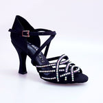 Carica immagine nella Galleria, Onda QC (BI-Flex) MARYLU - Scarpa da Donna in Raso Seta Nero Cinturino Incrociato sul Collo Piede Swarovski Boreali Parziale solo avanti Fondo Extraflex Competition Tacco a Rocchetto
