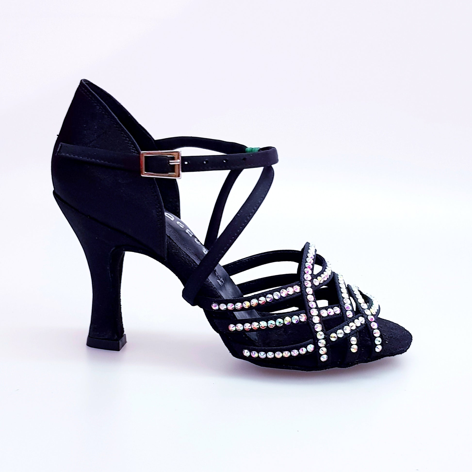 Scarpa da donna Wish Dance Shop Onda QC (BI-Flex) Marylu in raso seta nero con cinturino incrociato, tacco a rochetto e dettagli Swarovski