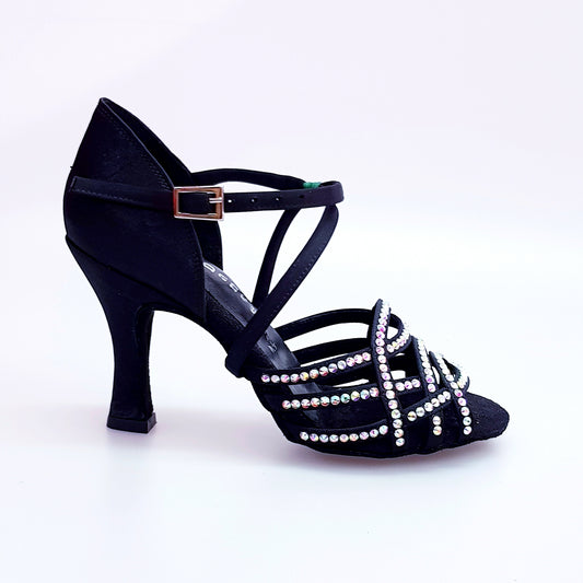 Scarpa da donna Wish Dance Shop Onda QC (BI-Flex) Marylu in raso seta nero con cinturino incrociato, tacco a rochetto e dettagli Swarovski
