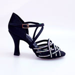 Carica immagine nella Galleria, Onda QC (BI-Flex) MARYLU - Scarpa da Donna in Raso Seta Nero Cinturino Incrociato sul Collo Piede Swarovski Boreali Parziale solo avanti Fondo Extraflex Competition Tacco a Rocchetto
