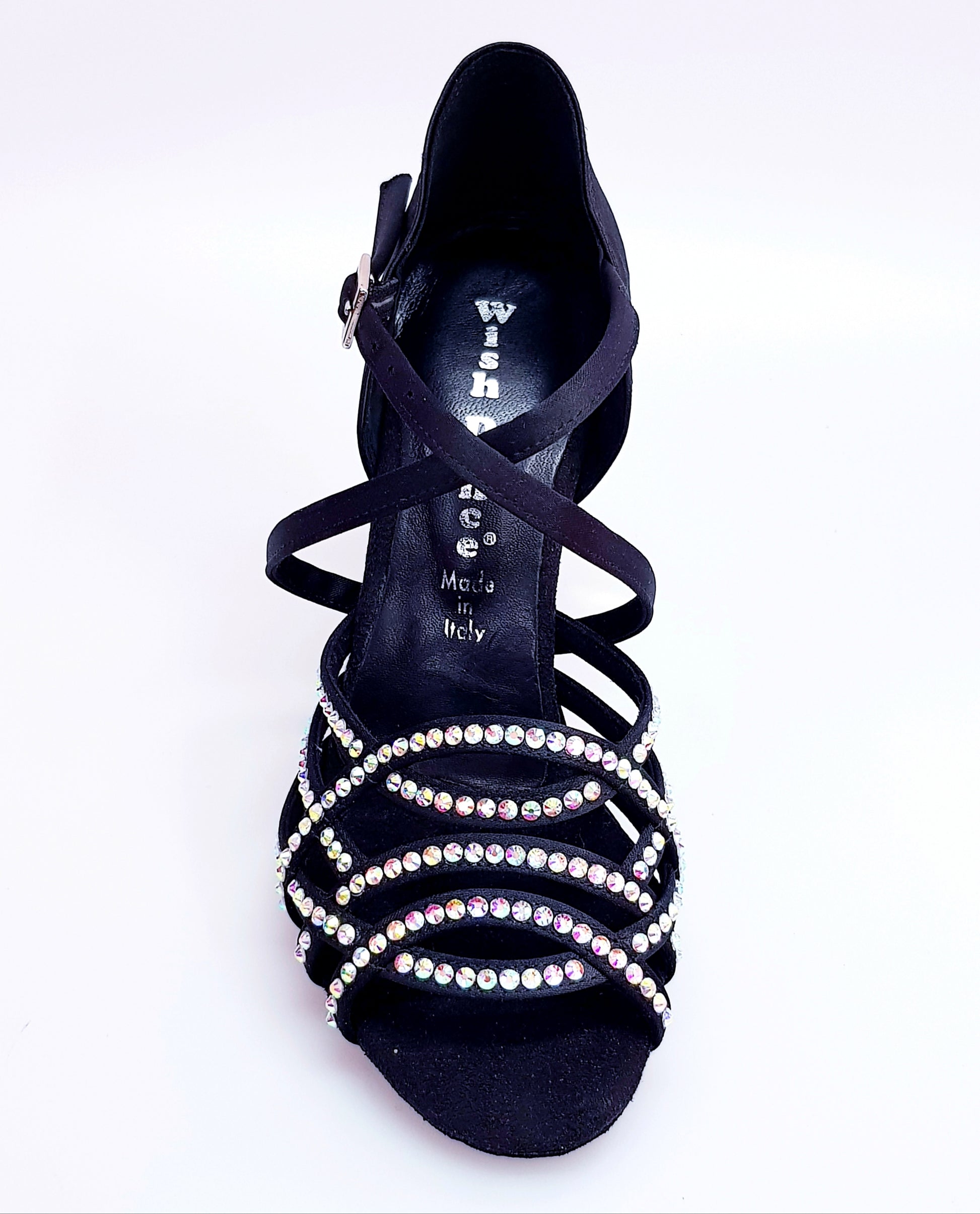 Scarpa da donna Onda QC (BI-Flex) MARYLU in raso seta nero con cinturino incrociato, tacco a rocchetto, dettagli Swarovski.