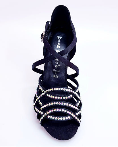 Scarpa da donna Onda QC (BI-Flex) MARYLU in raso seta nero con cinturino incrociato, tacco a rocchetto, dettagli Swarovski.