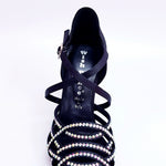 Carica immagine nella Galleria, Onda QC (BI-Flex) MARYLU - Scarpa da Donna in Raso Seta Nero Cinturino Incrociato sul Collo Piede Swarovski Boreali Parziale solo avanti Fondo Extraflex Competition Tacco a Rocchetto
