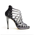 Carica immagine nella Galleria, Intrigo (780) - Scarpa da Donna in Glitter Carbon e Tallone Fiorato Veneziano Silver con Tacco Alto a Spillo Largo e Plateau
