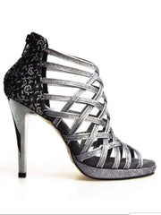 Carica immagine nella Galleria, Intrigo (780) - Scarpa da Donna in Glitter Carbon e Tallone Fiorato Veneziano Silver con Tacco Alto a Spillo Largo e Plateau
