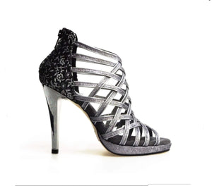 Intrigo (780) - Woman's Shoe in Glitter Carbon and Silver Venetian Floral Heel with Wide Stiletto Heel and Plateau
