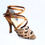 Carica immagine nella Galleria, Onda QD Plus (BI-Flex) - Scarpa da Donna in Raso Seta Bronzo Doppio Cinturino incrociato sulla Caviglia e sul Collopiede con Swarovski Boreali Totale disegno Fantasy Fondo Extraflex Competition
