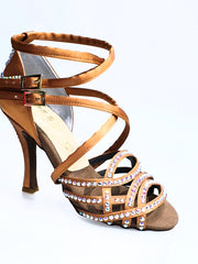 Carica immagine nella Galleria, Onda QD Plus (BI-Flex) - Scarpa da Donna in Raso Seta Bronzo Doppio Cinturino incrociato sulla Caviglia e sul Collopiede con Swarovski Boreali Totale disegno Fantasy Fondo Extraflex Competition
