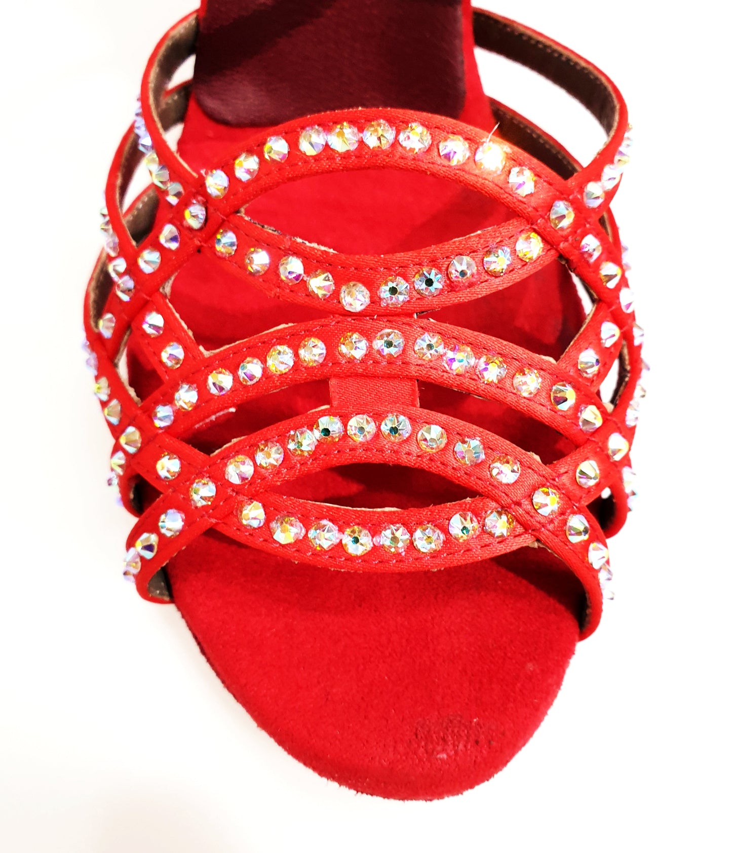 Scarpa da donna ONDA QC Plus (BI-Flex) Marylu in raso seta rossa con cinturino incrociato, Swarovski e tacco a rocchetto.