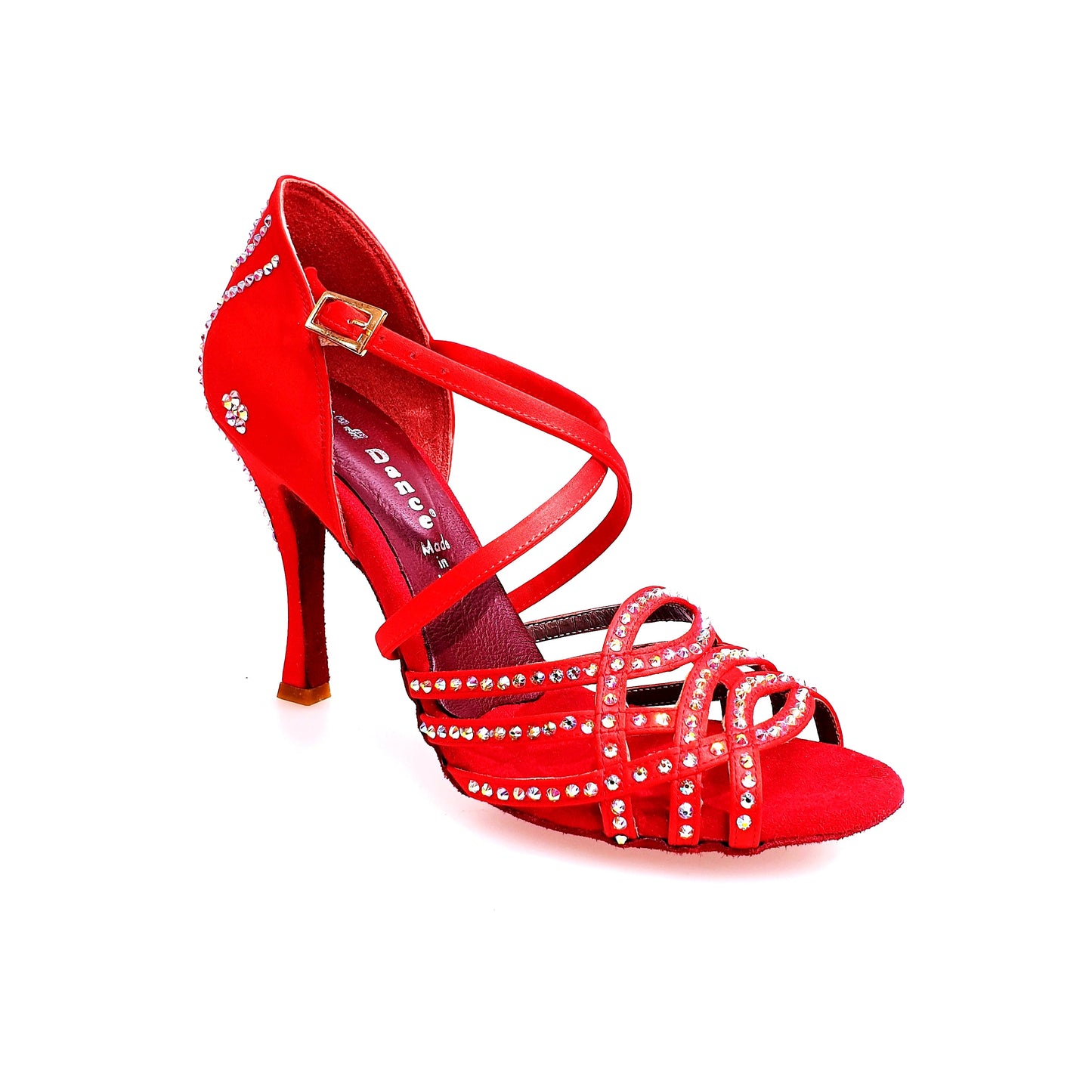 Scarpa da donna ONDA QC Plus (BI-Flex) Marylu in raso seta rossa con cinturino incrociato, Swarovski e tacco a rocchetto, ideale per danza.
