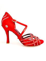Carica immagine nella Galleria, ONDA QC Plus (BI-Flex) MARYLU - Scarpa da Donna in Raso Seta Rosso Cinturino incrociato sul Collopiede con Swarovski Boreali Totale disegno Fantasy Fondo Extraflex Competition Tacco a Rocchettino Wish Dance Shop