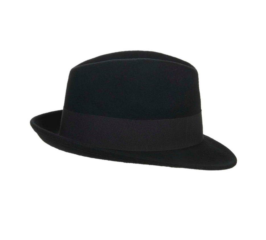 Cappello trilby in feltro nero stile anni 60, marca Wish Dance, con fascia nera e fodera in raso nero.