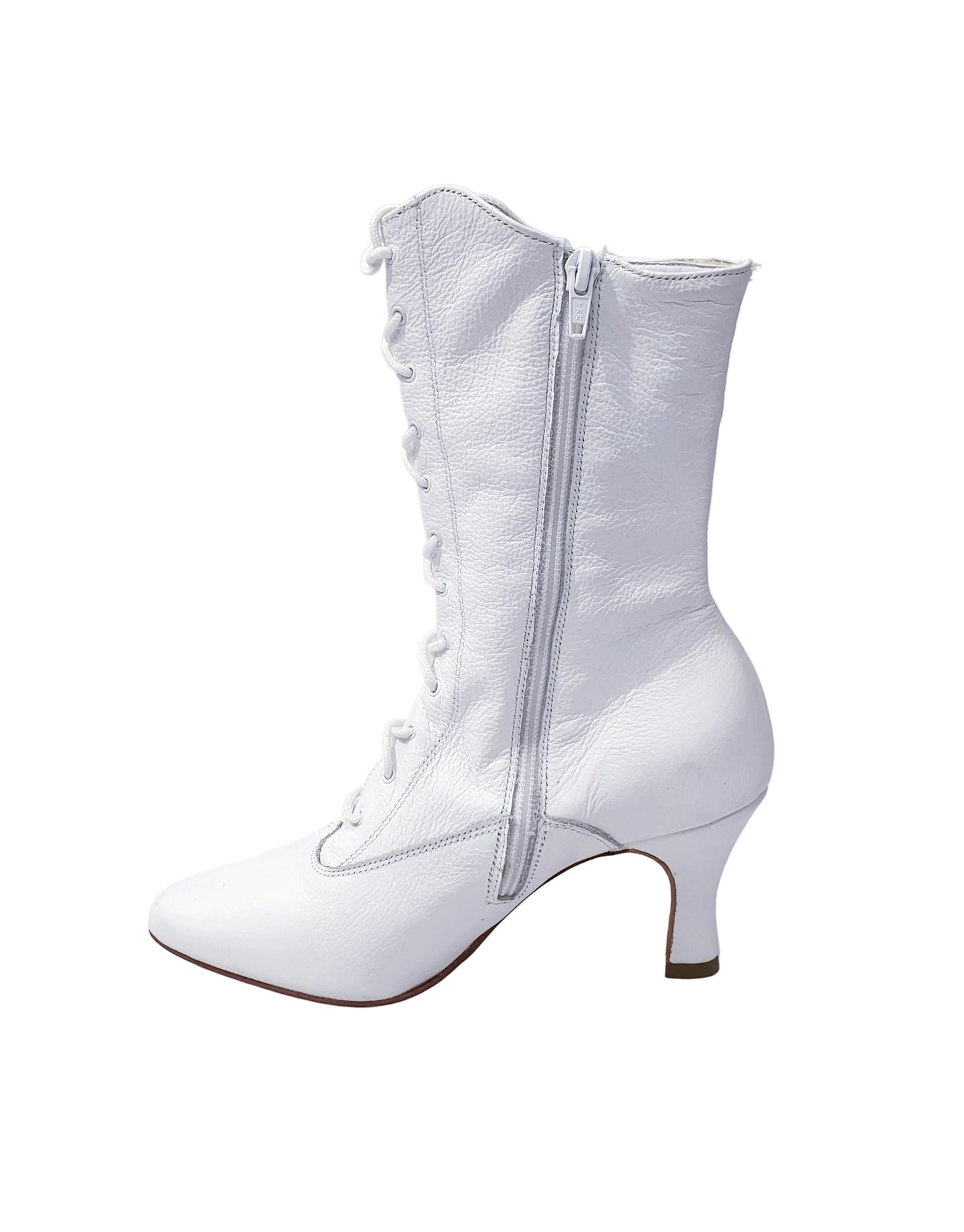 Stivale basso in pelle bianca Wish Dance Shop D-2 Zip 619 con stringhe anteriori e chiusura zip laterale, stile elegante e moderno.