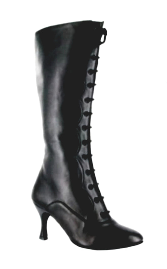 Stivali alti Wishdance in pelle nera con alamari, stringhe e apertura frontale, sotto il ginocchio, stile elegante e moderno.