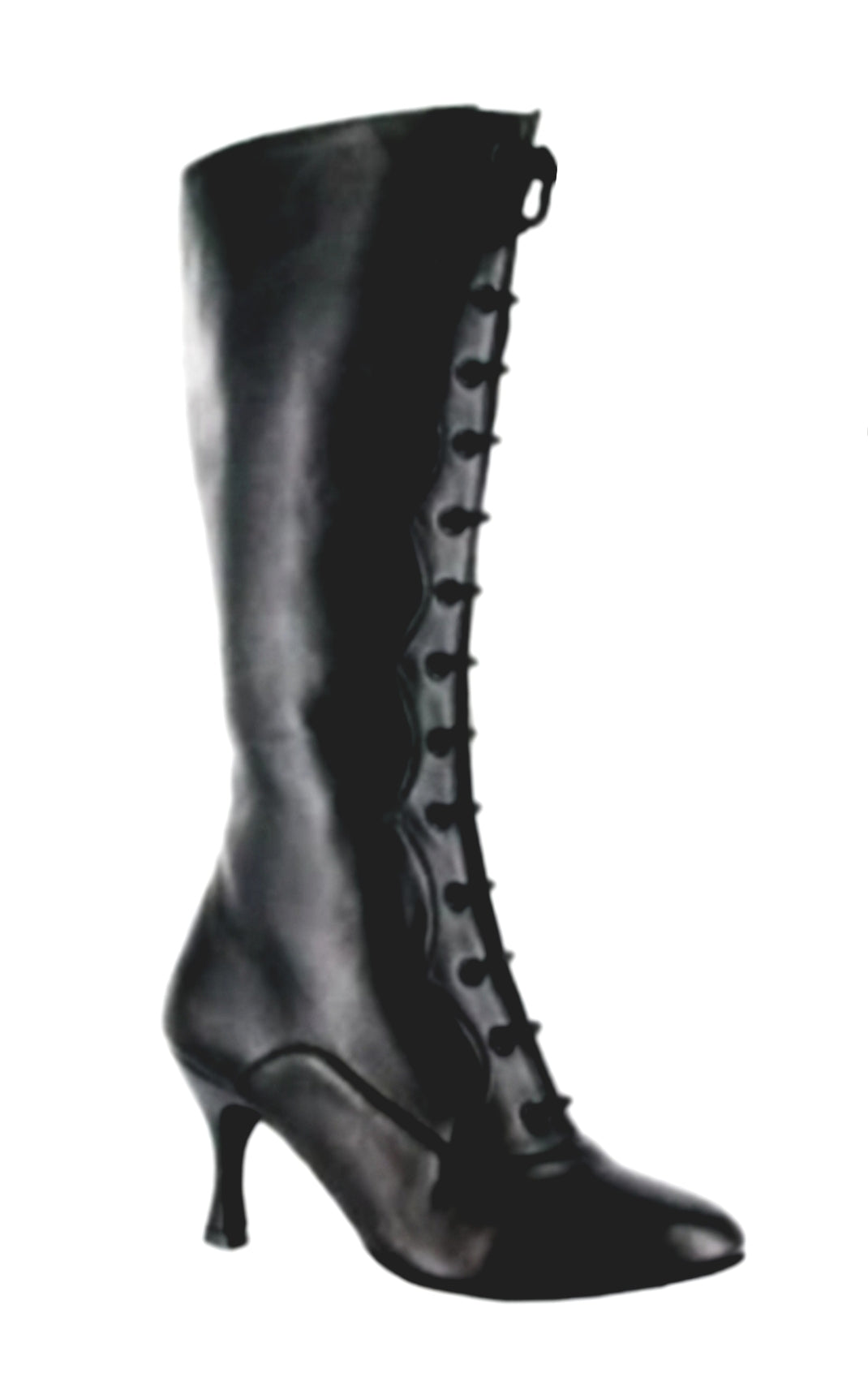 Stivali alti Wishdance in pelle nera con alamari, stringhe e apertura frontale, sotto il ginocchio, stile elegante e moderno.