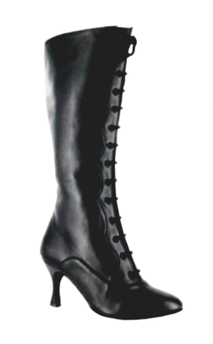 Stivali alti Wishdance in pelle nera con alamari, stringhe e apertura frontale, sotto il ginocchio, stile elegante e moderno.