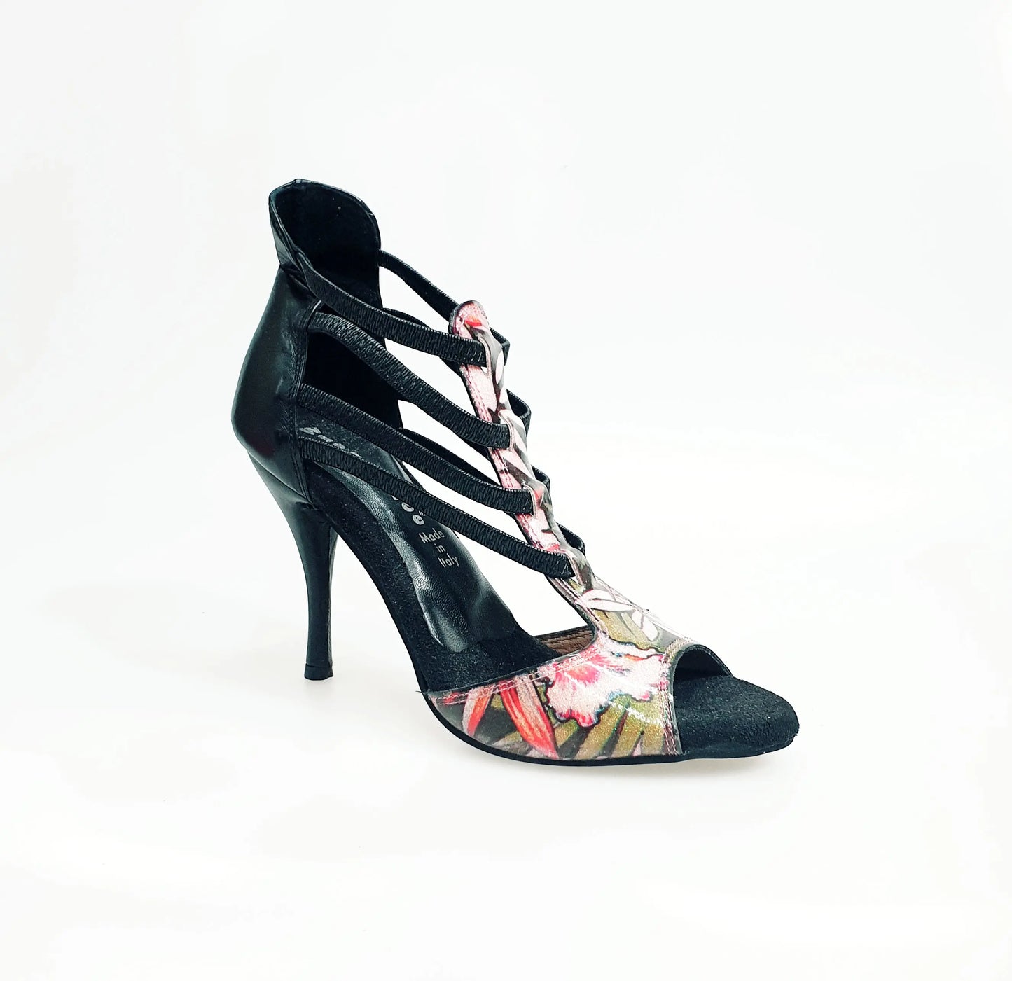 Sandalo da donna Wish Dance Shop Lilith Fleur in pelle nera con tomaia fucsia, elastici neri e tacco slim oro.