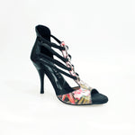 Load image into Gallery viewer, Lilith Fleur (460) - Woman&#39;s Sandal in Black Leather with Front Upper in Fuchsia Fleur Style with Black Elastics and Slim Heel Gold or covered in black leather
