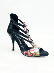 Carica immagine nella Galleria, Lilith Fleur (460) - Sandalo da Donna in Pelle Nera con Tomaia Anteriore in Stile Fleur Fucsia con Elastici Neri e Tacco Slim Oro o rivestito pelle nera
