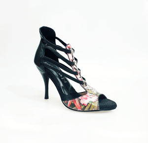 Lilith Fleur (460) - Woman's Sandal in Black Leather with Front Upper in Fuchsia Fleur Style with Black Elastics and Slim Heel Gold or covered in black leather