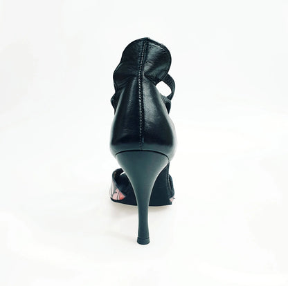 Scarpa donna Lilith Fleur Wish Dance Shop, sandalo in pelle nera con tomaia fucsia, elastici neri e tacco slim dorato.