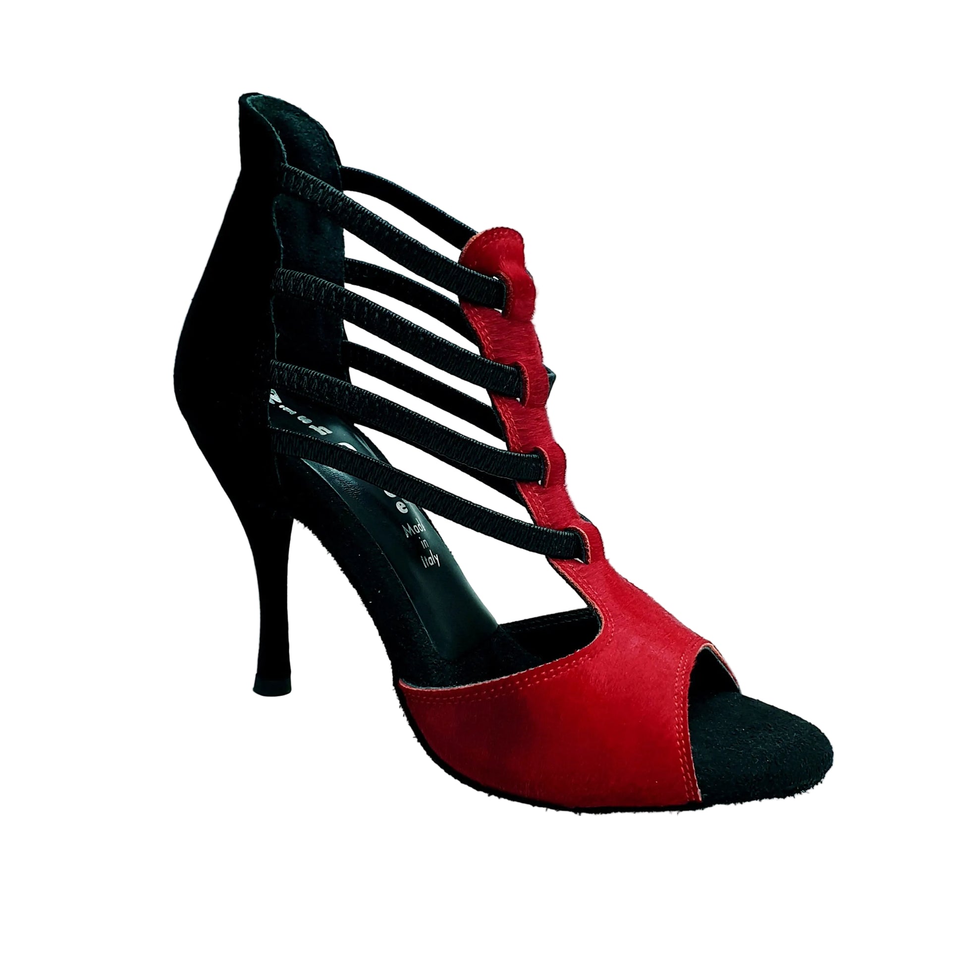 Sandalo da donna Lilith (460) in cavallino rosso con tacco a spillo e dettagli in camoscio nero, stile elegante e raffinato