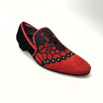 Load image into Gallery viewer, MORENO (MS21) - Mocassino in Camoscio Rosso applicazione inserto Raso Seta Nero e Swarovski boreali  Profilo Rosso Forma lunga
