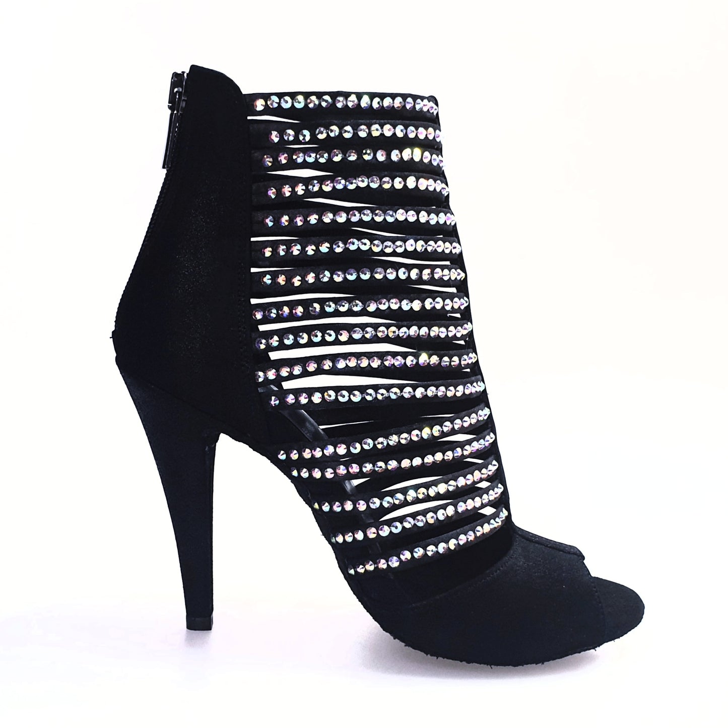 Sandalo donna Elizabeth Plus in camoscio nero con dettagli Swarovski Boreali, a tronchetto, di Wish Dance Shop.