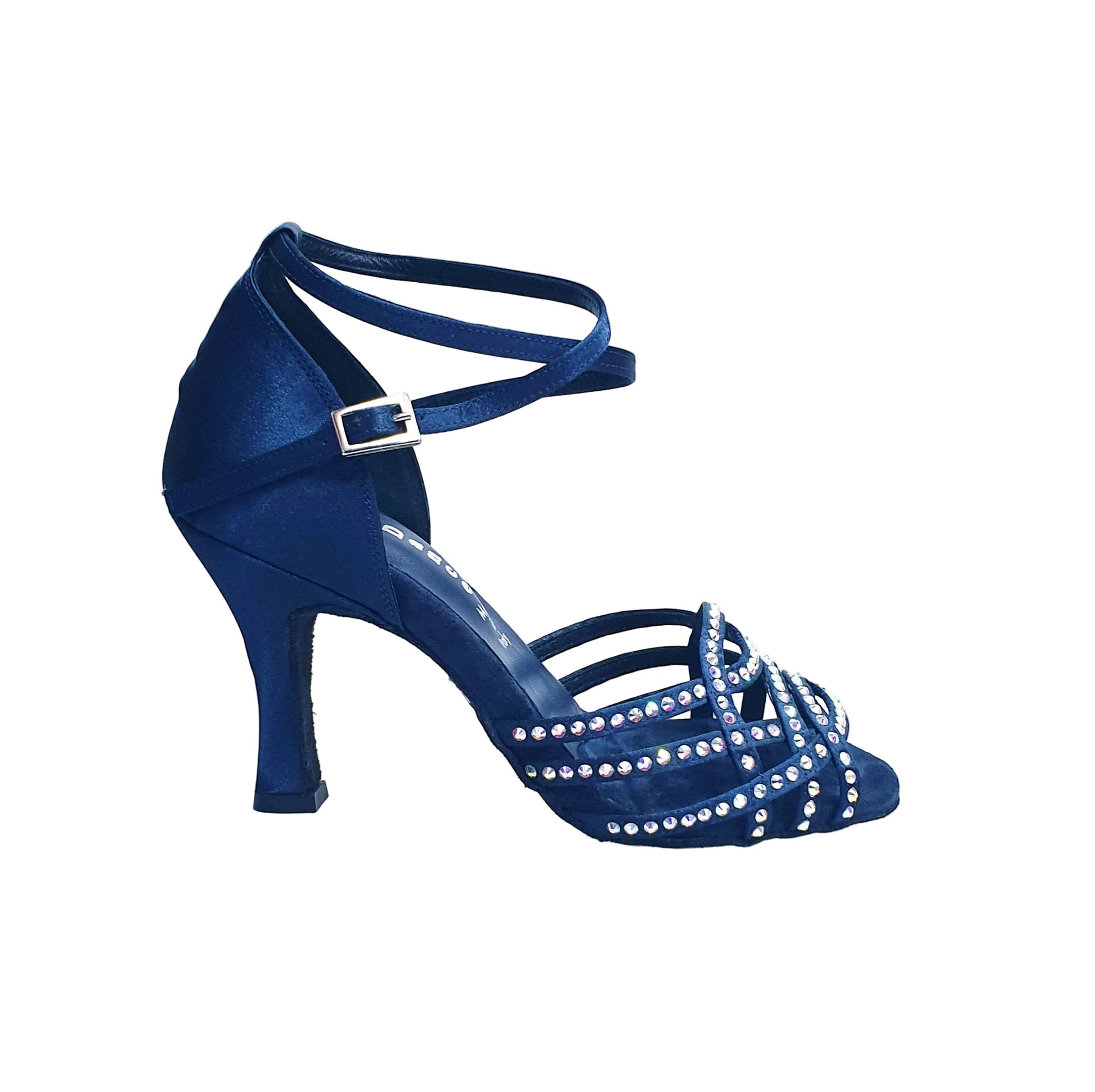 Scarpa da donna Wish Dance Shop Onda QB in raso seta blu notte con cinturino incrociato, Swarovski, tacco a rocchetto e suola extraflex.