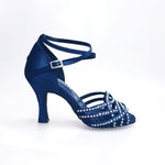 Carica immagine nella Galleria, Onda QB (BI-Flex) - Scarpa Da Donna in Raso Seta Blu Notte Cinturino incrociato alla Caviglia con Swarovski Boreali Parziali solo avanti e Fondo Extraflex Competition Tacco a Rocchetto
