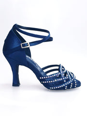 Load image into Gallery viewer, Onda QB (BI-Flex) - Scarpa Da Donna in Raso Seta Blu Notte Cinturino incrociato alla Caviglia con Swarovski Boreali Parziali solo avanti e Fondo Extraflex Competition Tacco a Rocchetto
