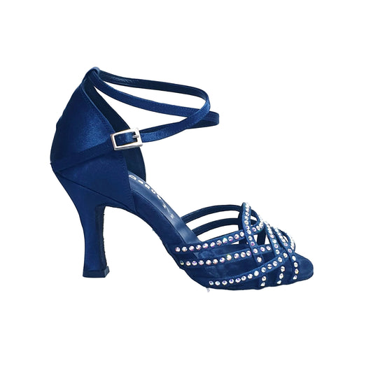 Scarpa da donna Onda QB Wish Dance Shop in raso seta blu notte, cinturino incrociato alla caviglia e tacco a rocchetto.