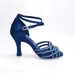 Carica immagine nella Galleria, Onda QB (BI-Flex) - Scarpa Da Donna in Raso Seta Blu Notte Cinturino incrociato alla Caviglia con Swarovski Boreali Parziali solo avanti e Fondo Extraflex Competition Tacco a Rocchetto
