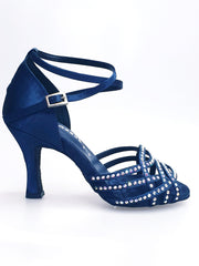 Load image into Gallery viewer, Onda QB (BI-Flex) - Scarpa Da Donna in Raso Seta Blu Notte Cinturino incrociato alla Caviglia con Swarovski Boreali Parziali solo avanti e Fondo Extraflex Competition Tacco a Rocchetto
