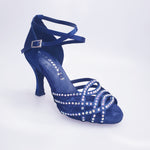 Carica immagine nella Galleria, Onda QB (BI-Flex) - Scarpa Da Donna in Raso Seta Blu Notte Cinturino incrociato alla Caviglia con Swarovski Boreali Parziali solo avanti e Fondo Extraflex Competition Tacco a Rocchetto
