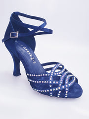 Load image into Gallery viewer, Onda QB (BI-Flex) - Scarpa Da Donna in Raso Seta Blu Notte Cinturino incrociato alla Caviglia con Swarovski Boreali Parziali solo avanti e Fondo Extraflex Competition Tacco a Rocchetto
