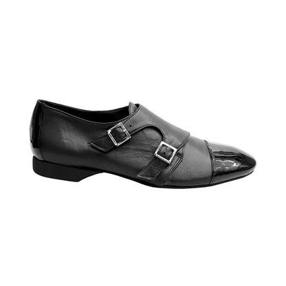 Scarpa da uomo Bristol Wish Dance Shop in pelle nera con doppia fibbia e inserto anteriore in vernice nera.
