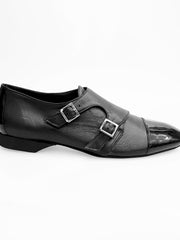 Load image into Gallery viewer, BRISTOL / P - Men&#39;s Shoe in Black Leather Double Buckle front insert in Black Patent Leather

