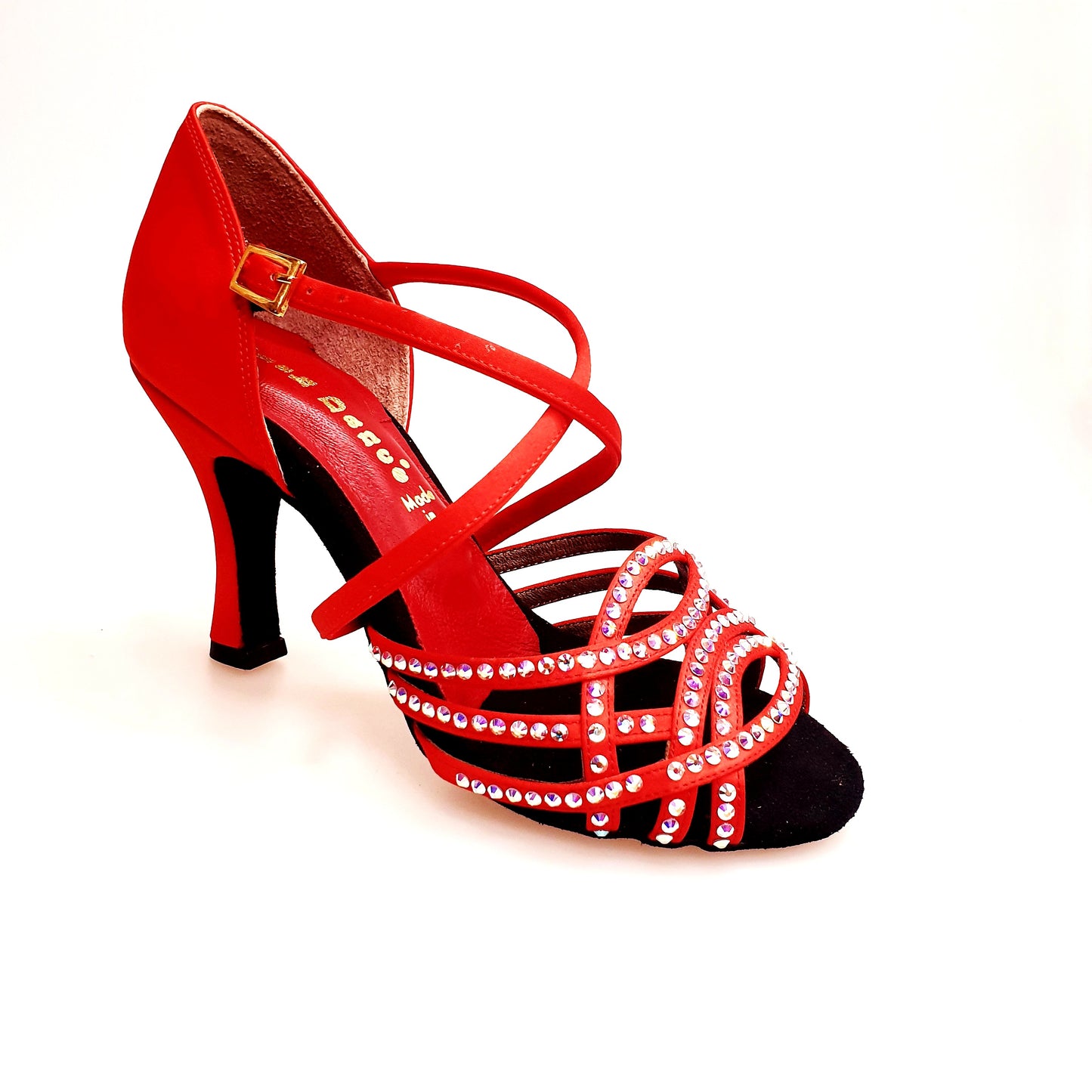 Scarpa da donna Wish Dance Shop Onda QC (BI-Flex) MARYLU in raso seta rosso, con cinturino incrociato, tacco a rocchetto, dettagli Swarovski