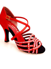 Load image into Gallery viewer, Onda QC (BI-Flex) MARYLU - Scarpa da Donna in Raso Seta Rosso Cinturino Incrociato sul Collo Piede Swarovski Boreali Parziale solo avanti Fondo Extraflex Competition Tacco a Rocchetto
